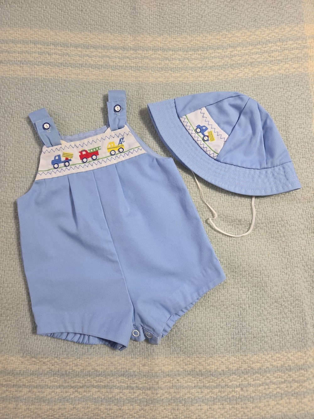 Vintage Baby Blue Romper And Hat Set With Embroidered Trucks
